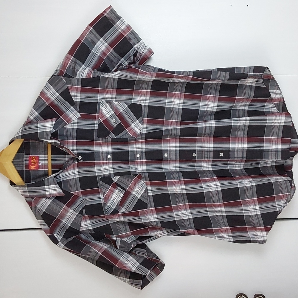 Fly Plains |Mens Western Black/Red Plaid PEARL Snap Short sleeve Shirt Sz.XL